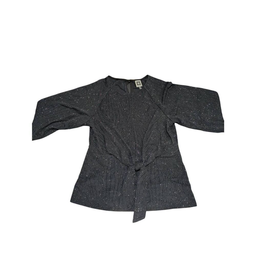 NWT Anne Klein black tie-front Shimmery Top Textured Fabric 3/4 Length sleeves W